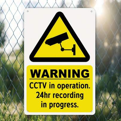 1pc 2D Flat CCTV Security Camera Warning Metal Sign - 8"X12" Frameless Glossy Iron Plate With Surveillance Design, Yellow Background And Black Text, For Home, Office Or Gift, Monitoring System Symbol | Traditional Style | Metal Surface, Metal Wall Art Decor