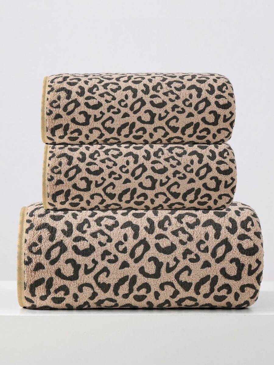 1pc/2pcs/3pcs Luxury Leopard Print Towel Set - Jacquard Coral Velvet Plush Towels, Ideal For Bold Home Decor And Spa Environment - Coffee Brown - View 1