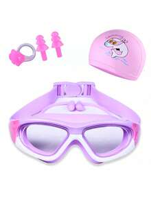 高清儿童泳镜，男女童通用，防雾大镜框，舒适硅胶材质，含泳帽和鼻夹套装 - 彩色 - 查看 15