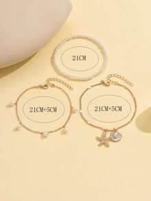 3pcs/Set White Pearl Tassel Starfish Shell Pendant Gold Multilayer Anklet For Girl, Suitable For Daily Wear And Vacation - Multicolor - View 4