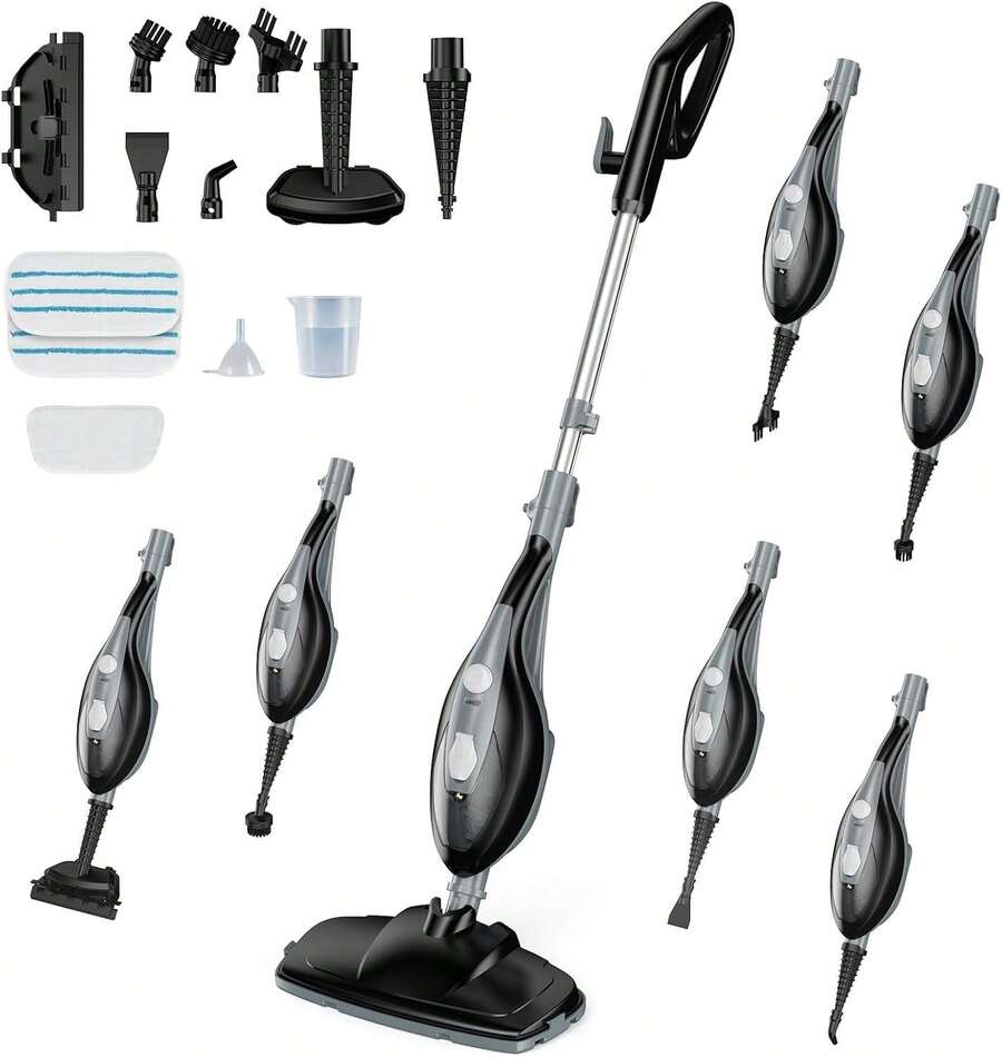 Sweetcrispy 10-In-1 Steam Mop, 1550W Detachable Handheld Steam Cleaner For Floor Cleaning, 16FT Cord, 2 Washable Pads, Multi-Purpose Floor Steamer For Hardwood, Carpet, Tile, Grout, Windows - Black Grey - View 1