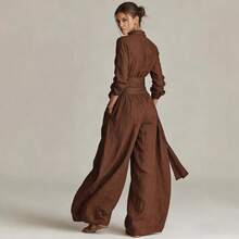 2026 Spring New Women's Fashion Elegant Solid Color Collar Top And Casual High-Waist Long Pants Two-Piece Set - màu nâu cà phê - Xem 5