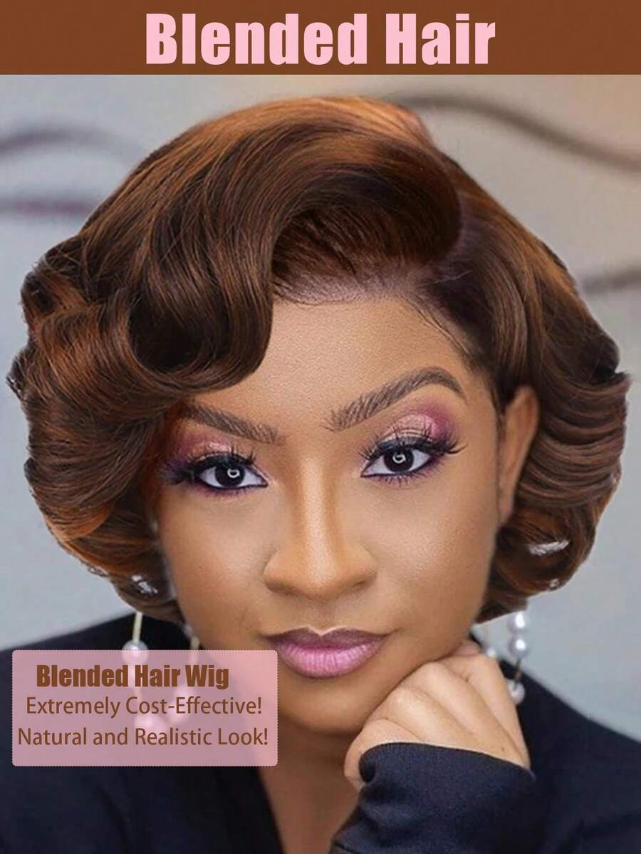Glueless Blended Hair Perücke mit natürlichen braunen Highlights, lockige Welle, Pixie-Schnitt, glueless und ohne Spitze, 150% Dichte, kurzes Haar für den täglichen Gebrauch, Cosplay & Partys - Geeignet für alle - S4/27 - Übersicht 1