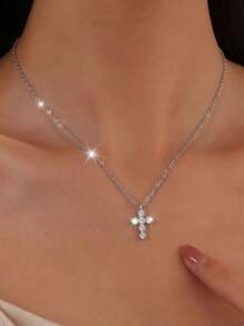 1 pieza Collar con colgante de mini cruz de plata de ley S925, collar de clavícula elegante y minimalista con diseño único y exclusivo de mujer con incrustaciones de rhinestone, regalo distintivo de lujo - cruz - Ver 2