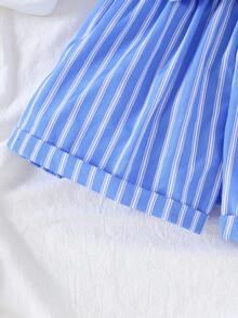 女童夏季香蕉水果图案字母印花圆领T恤和条纹短裤套装，含腰带 - 淺藍色 - 查看 9