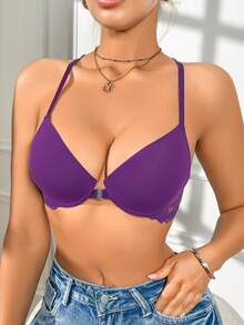 [Small Bust] 1pc Front Closure Design Beautiful Back Lace Patchwork Floral Print Women's Bra, Sexy Underwire Lingerie For Outerwear - Purple - View 4
