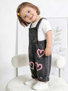 1 pieza Peto vaquero para bebé niña con estampado de corazón - Negro - Ver 10