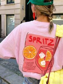 1 buc Tricou de vară pentru femei, cu guler rotund, mânecă scurtă, model cu imprimeu cocktail și lămâie, roz casual - Roz - Vizualizare 5