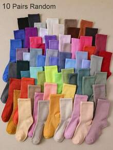 10 Pairs Random Color Women's Breathable Moisture-Wicking Mid-Calf Socks, Versatile High Socks, Best Socks, Colorful Socks - Multicolor - View 1