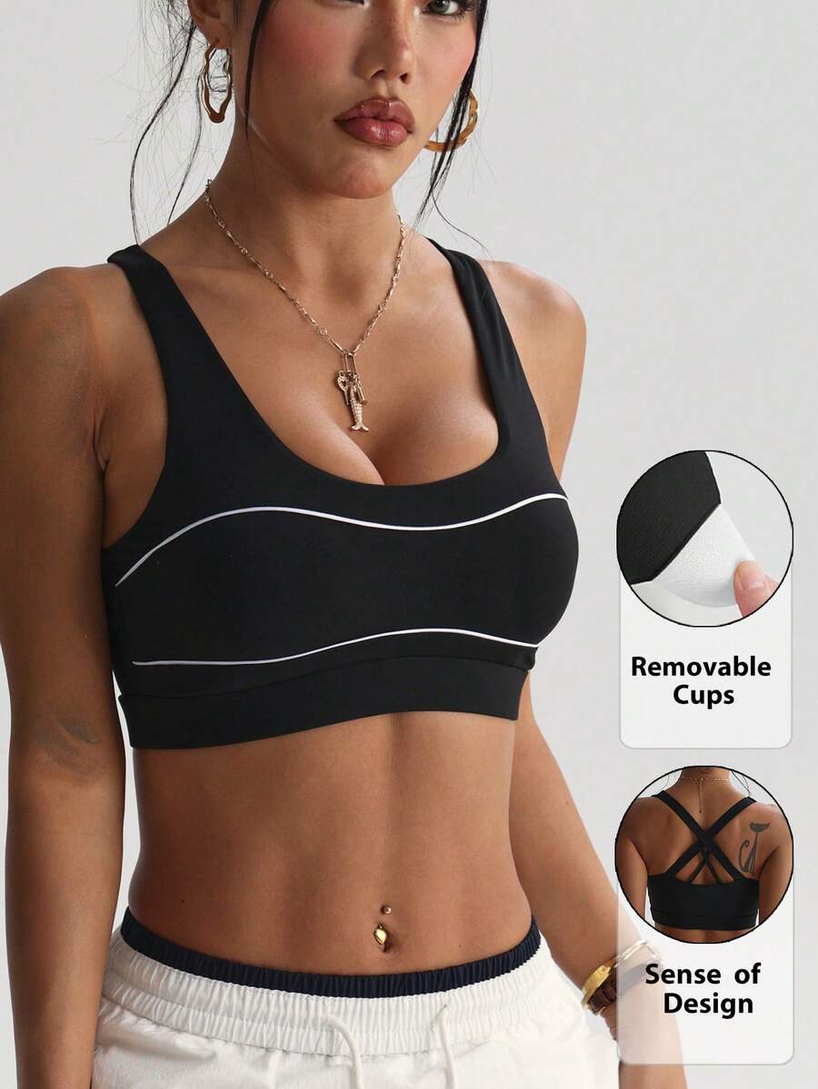 Women's Solid Color Removable Padded Criss-Cross Back Sports Knit Bra - الأسود - مشاهدة 1