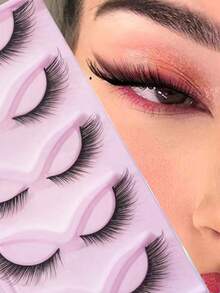 5 Pairs Elongated Curly Anime-Style Fox Eye False Eyelashes, 16mm Strip Fake Lashes - Black - View 1