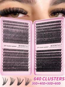 640片簇状假睫毛，浓密卷翘睫毛嫁接套装，D型卷翘，10-16mm混合长度，DIY睫毛嫁接套装，蓬松柔软的单根睫毛，打造丰盈自然的Y2K蝴蝶妆效，在家轻松DIY，持久睫毛胶水，DIY卸妆液，DIY镊子，簇状睫毛（10D+20D+30D+40D/30D+40D+50D+60D/50D+60D+80D+100D） - 彩色 - 查看 7