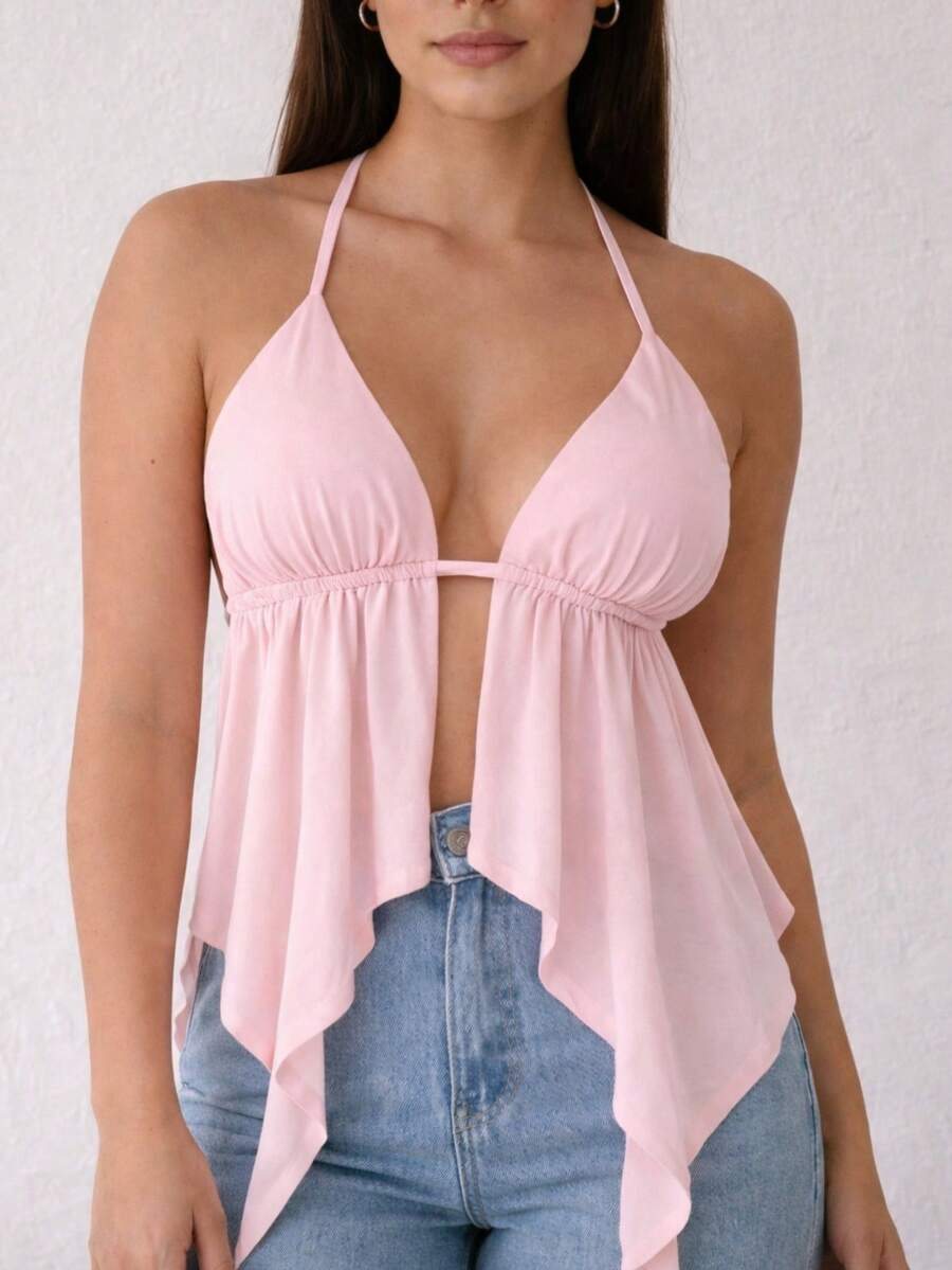 Women's Blouse With Deep V-Neck And Halter Neck – Thin Straps And A Loose, Elegant Fit For Summer - Màu Hồng baby - Xem 1