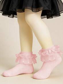 2 Pairs Cotton Girls' Solid Color Mesh Socks With Double Lace, Suitable For Dance Party - Multicolor - View 2