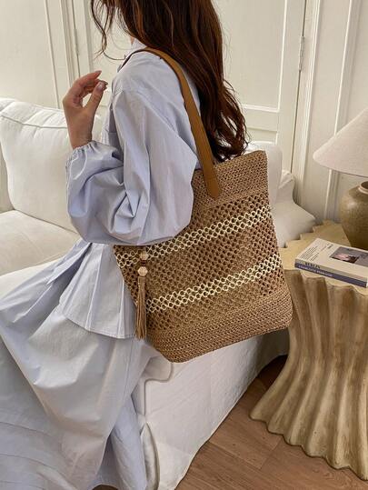 2026 New Large Capacity Straw Bag For Women, Summer Beach Vacation Shoulder Bag, Fashionable Woven Tote Bag For Commuting