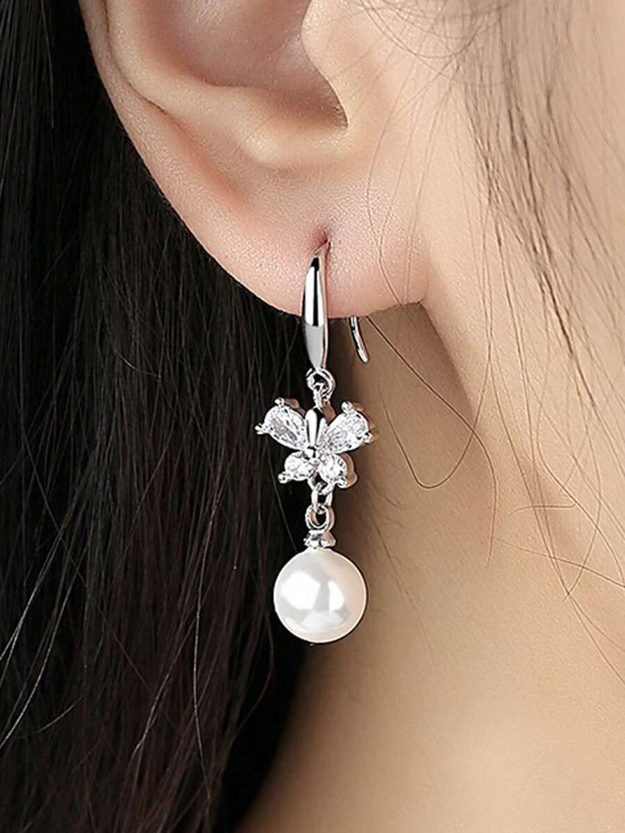 1 đôi bông tai hình bướm đính ngọc trai và đá Cubic Zirconia cao cấp, bằng bạc Sterling S925, thanh lịch, tinh tế, ngọt ngào, đa năng, thích hợp làm quà tặng cho phụ nữ dự tiệc, quà tặng cho các buổi tiệc. - Bạc - Xem 1