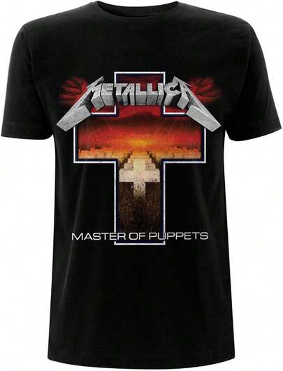 Men's Black T-Shirt, Metallica Men's Master Of Puppets Cross T-Shirt In Black, Unisex, Holiday Gift, Outdoor Casual Wear, 100% Cotton T-Shirt