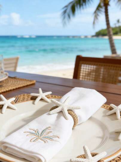 4-12pcs Summer Ocean Series Napkin Rings, White Starfish Napkin Holders, Suitable For Spring/Summer Ocean Theme Room Decor, Dining Table Decor, Home Decor