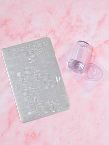 1个美甲哑光卡通边框不锈钢板，1个带刮板和盖的美甲印花板 - 銀色 - 查看 2