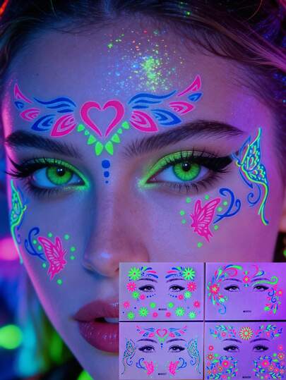 4 piezas de pegatinas de tatuajes temporales que brillan en la oscuridad con luz UV, tatuajes faciales de luces de neón de colores para discoteca, pegatinas de tatuajes temporales de mariposas fluorescentes para festivales de música, pegatinas de tatuajes de bola de discoteca de neón, tatuajes temporales que brillan con luz UV para fiestas, pegatinas de tatuajes decorativos para la cara