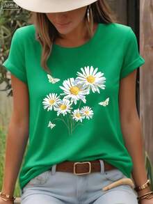 2026 Women's Round Neck Casual T-Shirt, White Daisy And Butterfly Print T-Shirt, Fresh And Natural Style, Countryside Floral And Insect Design, Round Neck Top, Breathable, Lightweight And Comfortable, Perfect For Spring And Summer, White Tops, Valentines Day Outfit, Mardi Gras, Summer Tops,   For Women, Valentine Outfits For Women, Women Tops, Fairycore, Superbowl, Elegant Women's Clothing - 綠色 - 查看 1