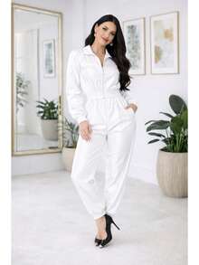 Women's Set: Long-Sleeved Blouse With Shoulder Pads And Jogger Pants In Thick Satin Crepe With Elastane, Fitted Cuffs, Stylish, Modern And Sophisticated - 白色 - 查看 7
