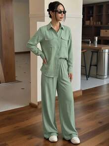 ADD MODA REF AS1790 SHIRT SET WITH POCKETS AND ELASTIC WAIST PANTS - 綠色 - 查看 3