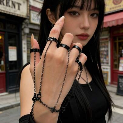 Bộ vòng tay/nhẫn kim loại đen/bạc phong cách Gothic Punk dành cho nam và nữ, dây đeo tay có thể điều chỉnh, trang sức phù hợp cho lễ hội, tiệc tùng, cosplay và phong cách thời trang khác biệt.