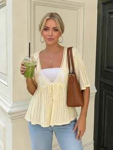 Women's Summer New Loose Hollow Lace-Up Knitted Cardigan, Minimalist Low Neck Short Sleeve Crochet Mesh Lightweight Sun Protection Top - 珊瑚橙 - 查看 10