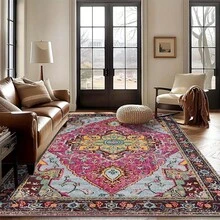 1 件波西米亚风玫瑰红底彩色复古花卉图案地毯。地毯采用天鹅绒材质，重约 850 克，厚度约 0.6 厘米。地毯耐磨、防滑、易于清洁。多种尺寸可选。适用于厨房/客厅/餐厅/卧室/阳台/浴室/书房等多种场景。是家居装饰的理想之选。 - A - 查看 6