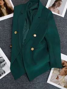 Spring & Summer Women's Solid Long Sleeve Double-Breasted Blazer, Notched Lapels | Ideal For Dates, Parties, Outings & Festive Celebrations - Peacock Green - View 8