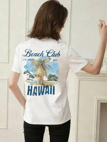 Women's Casual Vintage Summer Beach Print T-Shirt, Crew Neck, Short Sleeves, White, Summer Tops - White - View 4