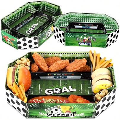 3 pièces Kit de fournitures pour fête de football, grand plateau alimentaire en papier de football, plateaux jetables pour collation, décorations et faveurs pour fête d'anniversaire et événement sportif