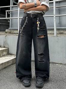 1pc Hearty Haven American Street Style Distressed Men's Loose Fit Wide Leg Washed Denim Jeans (No Belt & Accessories) - Black - View 6