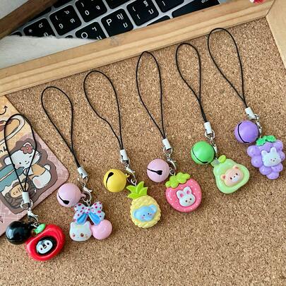 6pcs Fruit Animal Bell Resin Pendant Phone Lanyard, Phone Charm, Cute Phone Accessory, Soft Kawaii Phone Hanging Decoration For Bag, Gift For Girlfriend, Applicable To Phone, Camera, Backpack