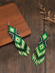 Bông tai đính cườm thủ công, bông tai kiểu cổ điển, phong cách Bohemian, thích hợp đeo hàng ngày cho nữ, quà tặng ngày Lễ Tạ ơn. - Hoa tai tua rua xanh - Xem 2
