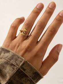 1 pieza Anillo de hueso de pez diablo estilo retro punk para verano, anillo abierto de lagarto de estilo gótico con esmalte verde, joyería de vacaciones para hombres y mujeres - Dorado - Ver 5