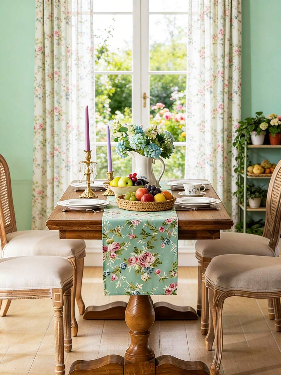 1pc Ditsy Floral Rectangular Table Runner, Outdoor Table Runner, Countryside Style, Foldable Camping Table Decor Cloth, Washable, Suitable For Coffee Table, Sideboard, Cabinet, Tabletop Decor, Daily Home Decor, Applicable For Rural House Party, Picnic, Party, Holiday, Camping Decoration, All Seasons, Spring/Summer - Multicolor - View 1