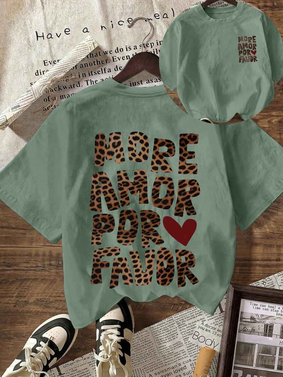 Áo thun nữ cỡ lớn in họa tiết da báo More Amor, áo thun cổ tròn tay ngắn, áo kiểu dễ thương, trang phục mùa thu, mùa tựu trường, áo thun cỡ lớn mùa hè. - màu xanh lá - Xem 1