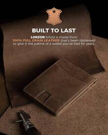 LORZOR AirTag Leather Wallet For Men, Bifold Full Grain Leather Minimalist Front Pocket RFID Blocking AirTag Mens Wallet With ID Window, Gift For Men, Up To 12 Cards - Saddle Brown - View 6