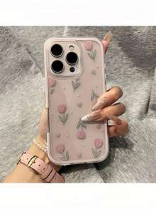 1pc Pink Tulip & Heart Aesthetic Pattern 2-In-1 Frame High-End Transparent Full Coverage Thick Anti-Fall Fashion Phone Case Suitable For IPhone11/12/13/14/15/16/17 Pro Max/Plus/Air, Shock-Proof Protective Cover, Exquisite Gift - Pink - View 2