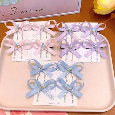4pcs Ballet Style Solid Color Bow Ribbon Hair Clips, Cute Sweet Girl Side Clip, Ponytail Clip, Top Clip Hair Accessories, High Quality Butterfly Crystal Tassel Decor, Princess Style, Suitable For Daily Wear, Photo Shooting, Valentine's Day (Note: The Card Shown In The Photo Is Not Included In The Delivery)