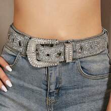 1pc Rhinestone Embellished Belt, Wide Waist Belt, Sparkling Decoration For Jeans, Versatile European And American Fashion Design - Silver - View 1