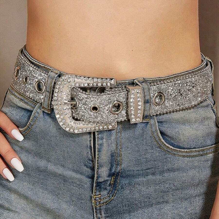 1pc Rhinestone Embellished Belt, Wide Waist Belt, Sparkling Decoration For Jeans, Versatile European And American Fashion Design - Silver - View 1