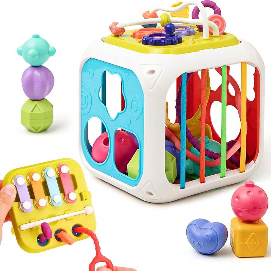 6 Coloridos Juguetes Sensoriales de Formas, con 4 en 1 Tablero de Juguetes, Clasificador de Formas Multifuncional con Banda Elástica, 7 Formas de Jugar, para Niños y Niñas - 17 cm x 15 cm x 15 cm - Ver 1