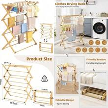Clothes Airer Foldable Clothes Drying Rack Bamboo Laundry Drying Rack Freestanding Towels Hanger Space-Saving Tool-Free Assembly - Bamboo - View 1