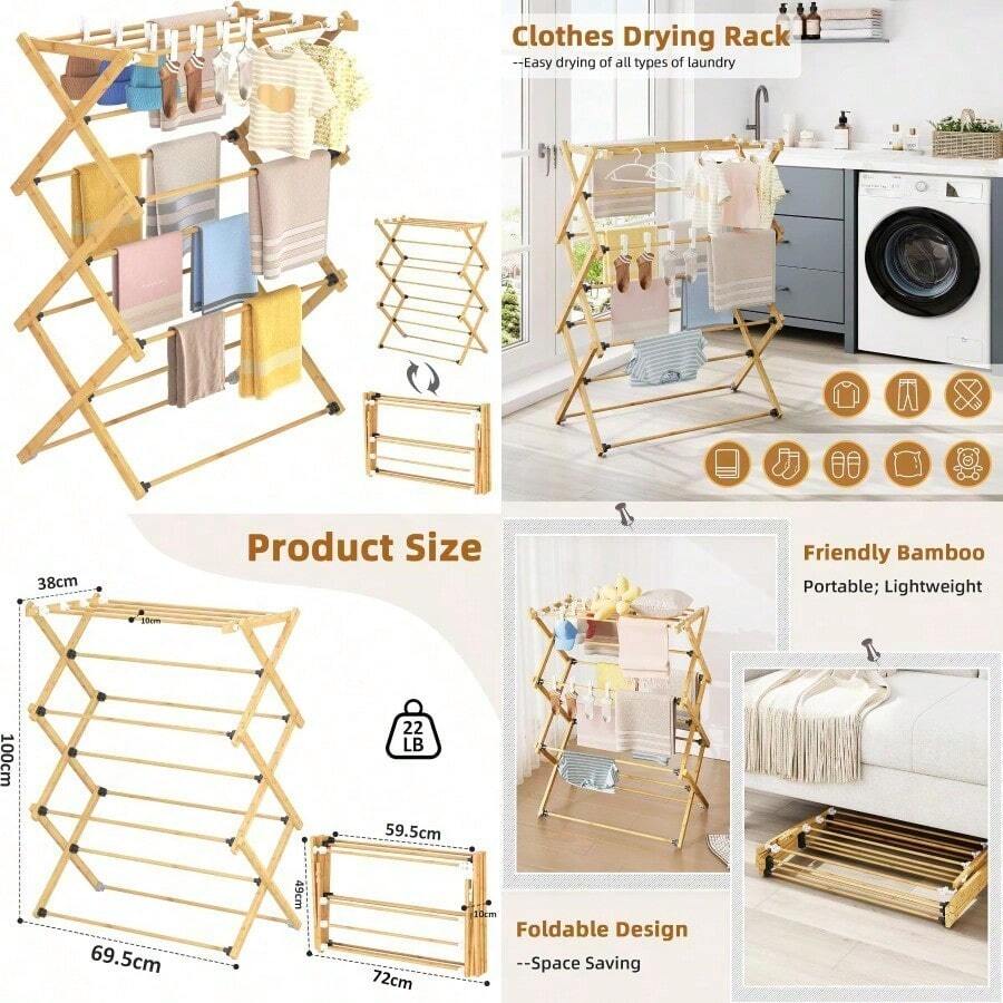 Clothes Airer Foldable Clothes Drying Rack Bamboo Laundry Drying Rack Freestanding Towels Hanger Space-Saving Tool-Free Assembly - Bamboo - View 1