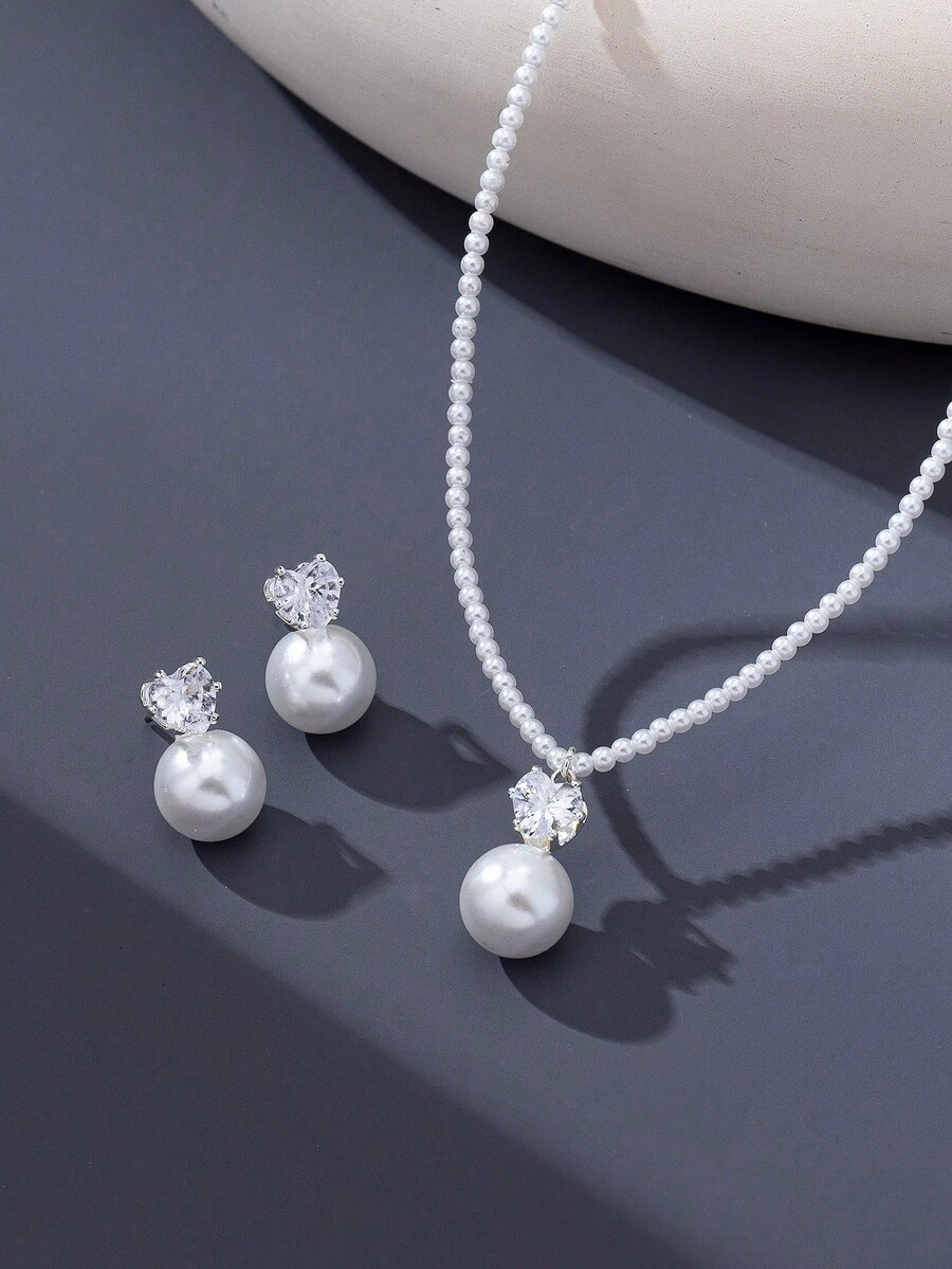 3pcs/Set Pearl White Seed Bead Necklace, Heart Shaped Earrings, Unique High-Quality Pearl Jewelry Set, Mother's Day Gift - White - View 1