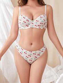 Women's Lingerie Set, Sweet Cherry All-Over Print Textured Comfortable Underwire Bra And Panty 2 Pieces Set - White - View 4