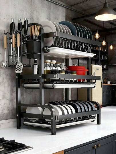 Escurreplatos de 3 niveles que ahorra espacio con soporte para utensilios y portavasos para colocar sobre el fregadero, artículos esenciales de cocina y para el Día de San Valentín.